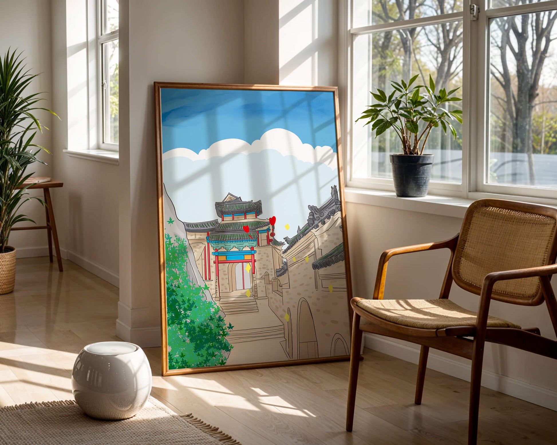 Arquitectura china tradicional con toques vibrantes y fondo escénico