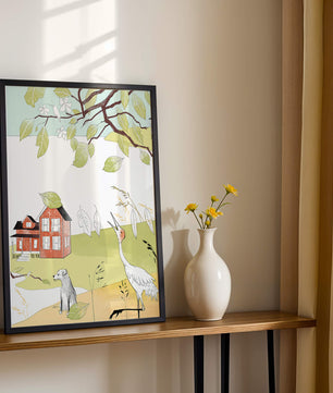 Tranquil rural landscape illustration with house, dog, and crane