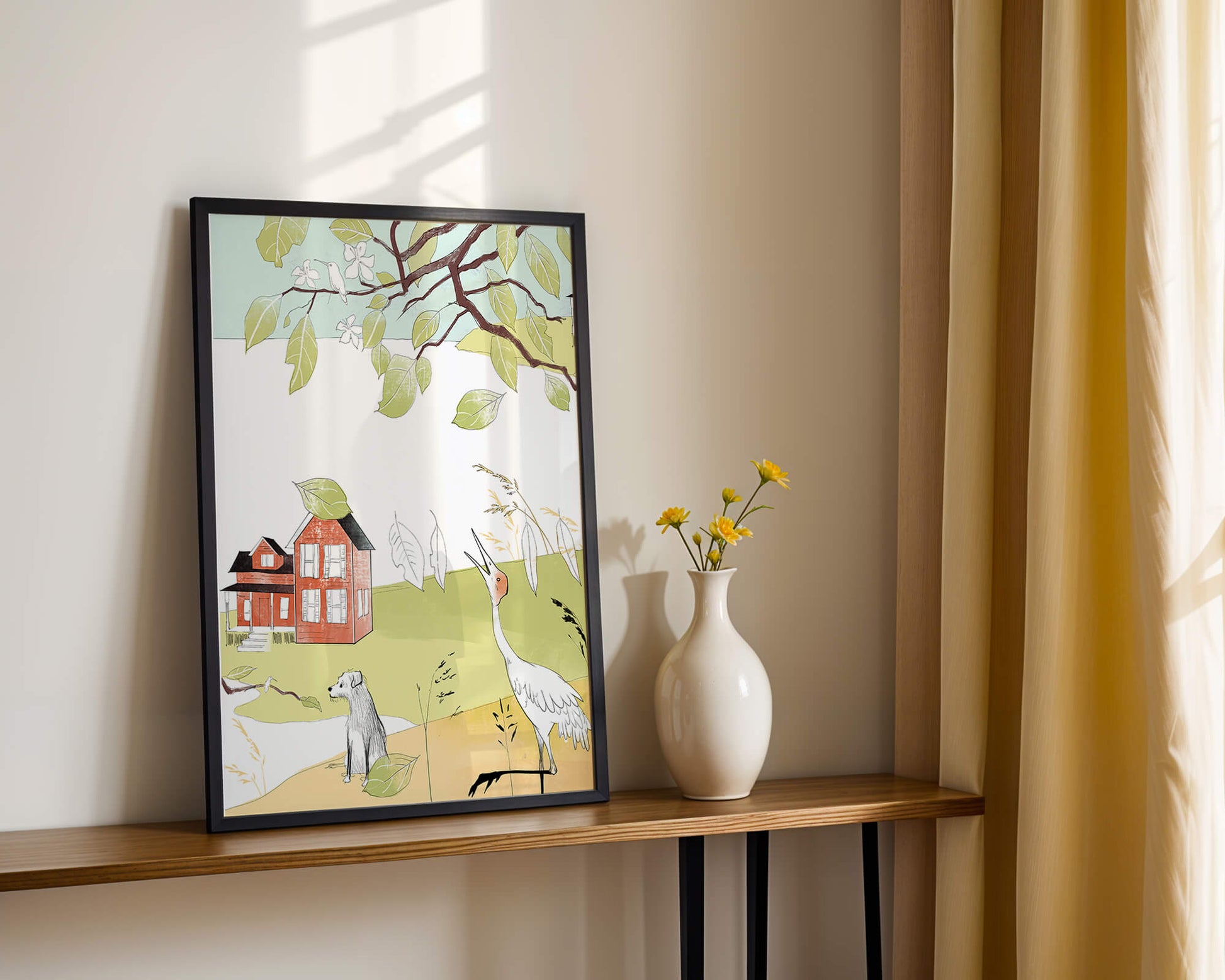Tranquil rural landscape illustration with house, dog, and crane