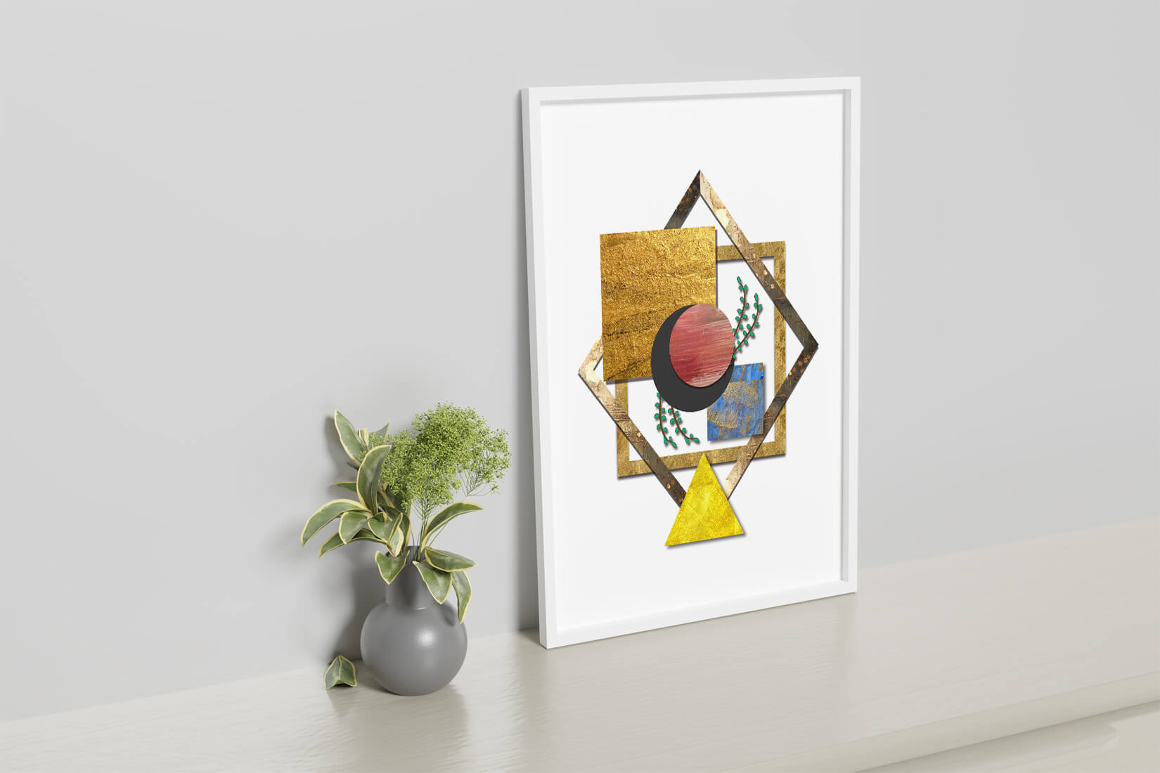 Modern geometric abstract art with vibrant colors and gold accents
