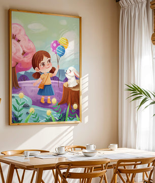 Charming Landscape with Girl Holding Balloons and White Bunny in Enchanted Forest