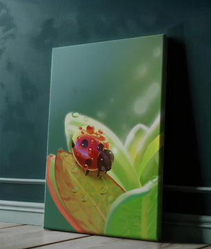 Ladybug on Leaf with Dew Drops in Serene Nature Setting - Mi tienda