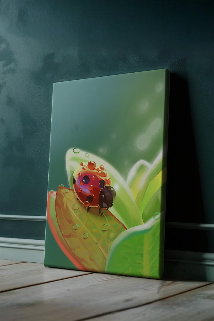 Ladybug on Leaf with Dew Drops in Serene Nature Setting