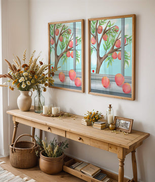 Peach tree outside a window with ripe peaches and sunny sky