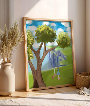 Young woman painting near a tree by a waterfall with a vibrant sky