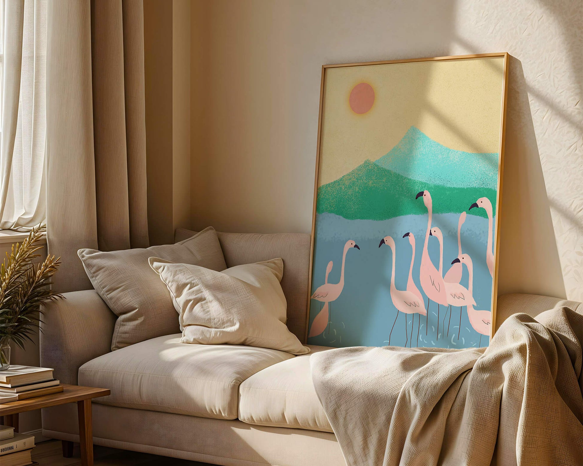 Friedliche Szene mit Flamingos in einer ruhigen Landschaft mit Bergen und Sonnenuntergang