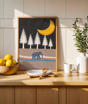 Serene Night Scene with Elephant Under Golden Moon in Forest - Mi tienda