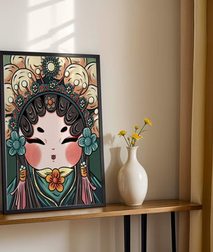 Ilustración encantadora de una muñeca china tradicional con tocado floral