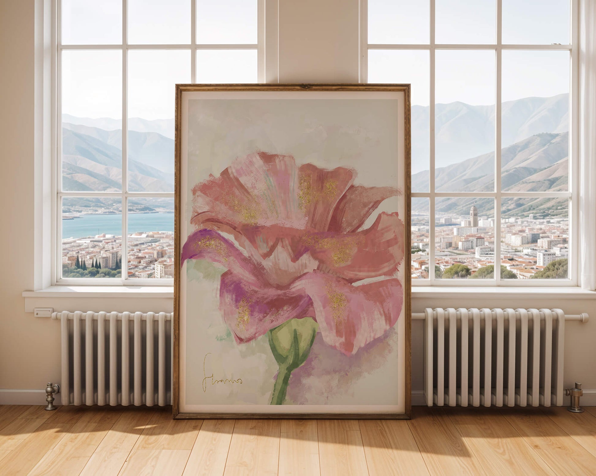 Beautiful pink flower painting with golden accents