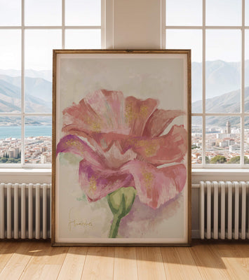 Beautiful pink flower painting with golden accents