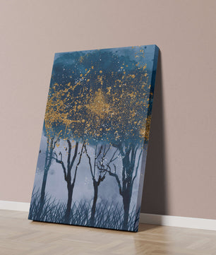 Mystical forest landscape with gold splatter art
