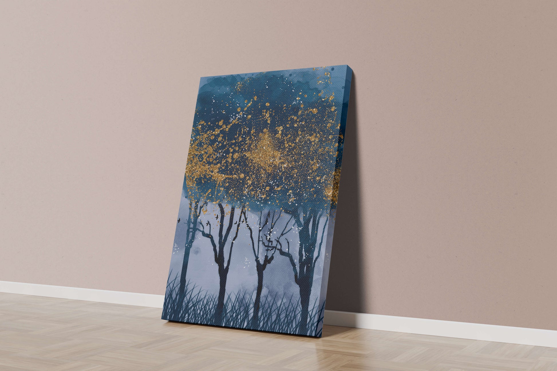 Mystical forest landscape with gold splatter art