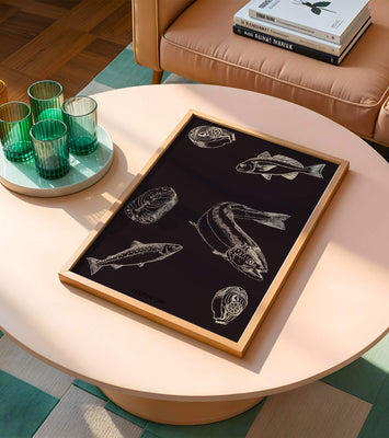 Detailed illustration of fish and seafood elements on dark background