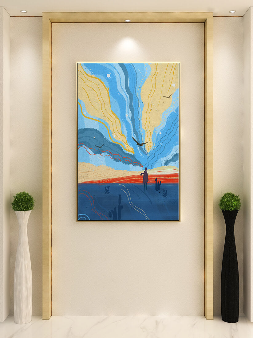 Colorful abstract landscape with figure and birds
