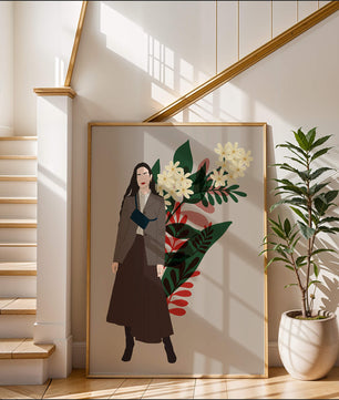 Elegant woman illustration with floral background in earthy tones
