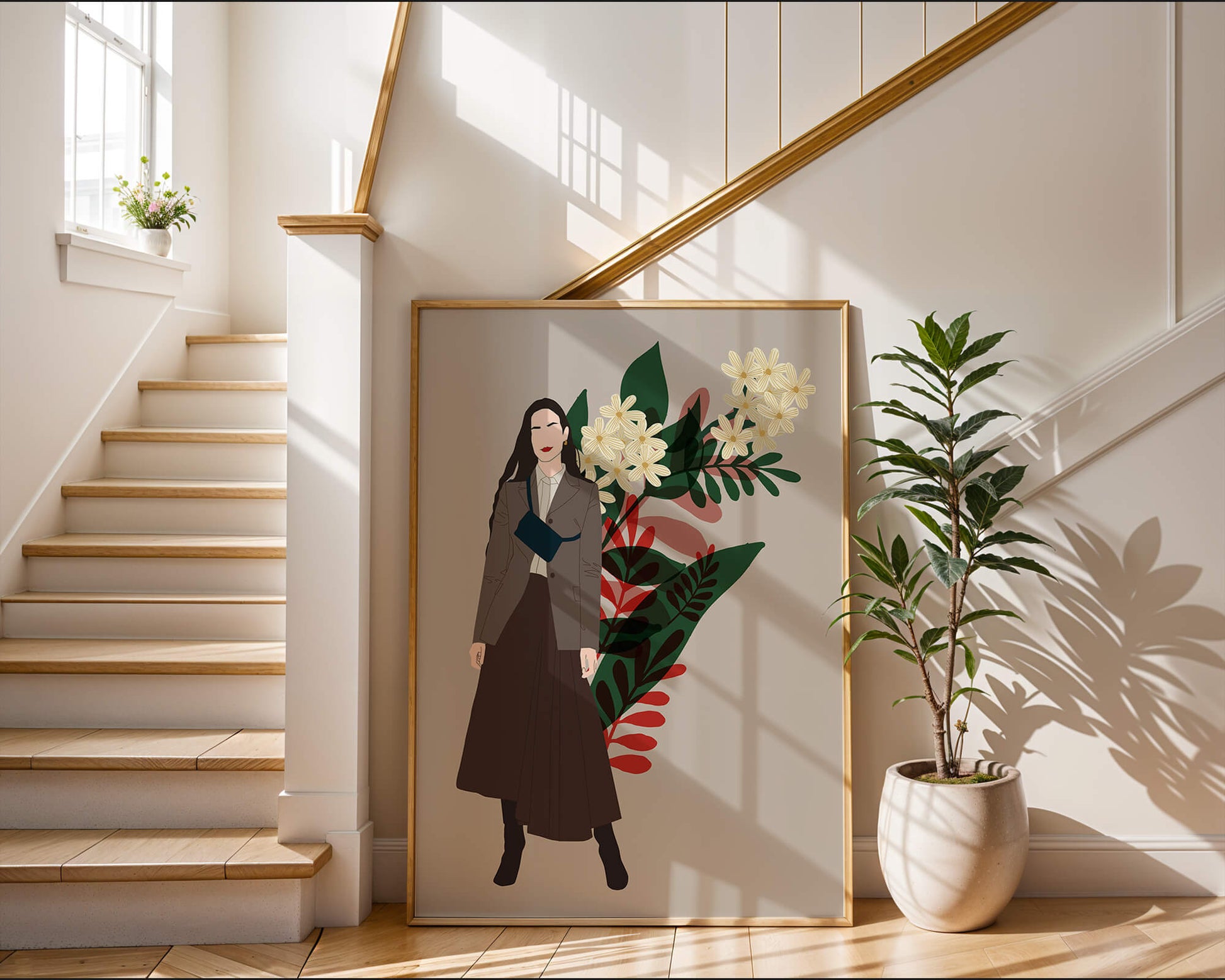 Elegant woman illustration with floral background in earthy tones