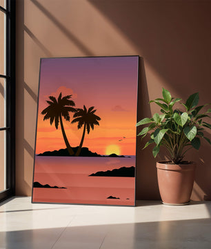 Sunset Over Tropical Island with Palm Trees and Birds - Mi tienda
