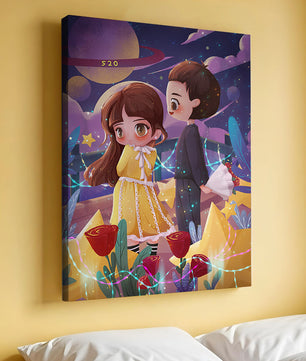 Ilustración de pareja romántica con estrellas y rosas en un entorno nocturno mágico