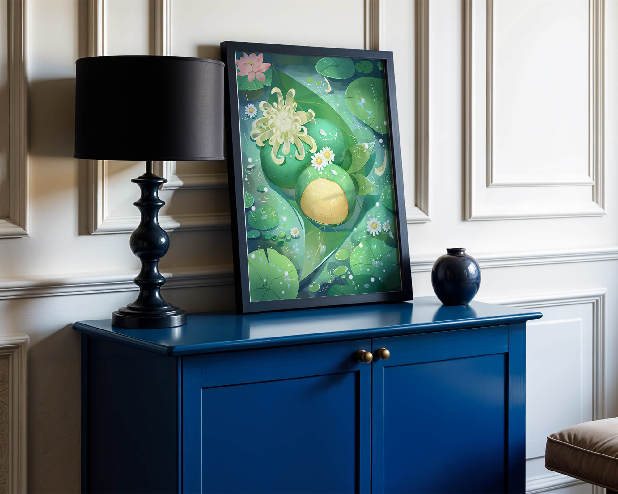 Lush aquatic scene with lotus flowers and green leaves