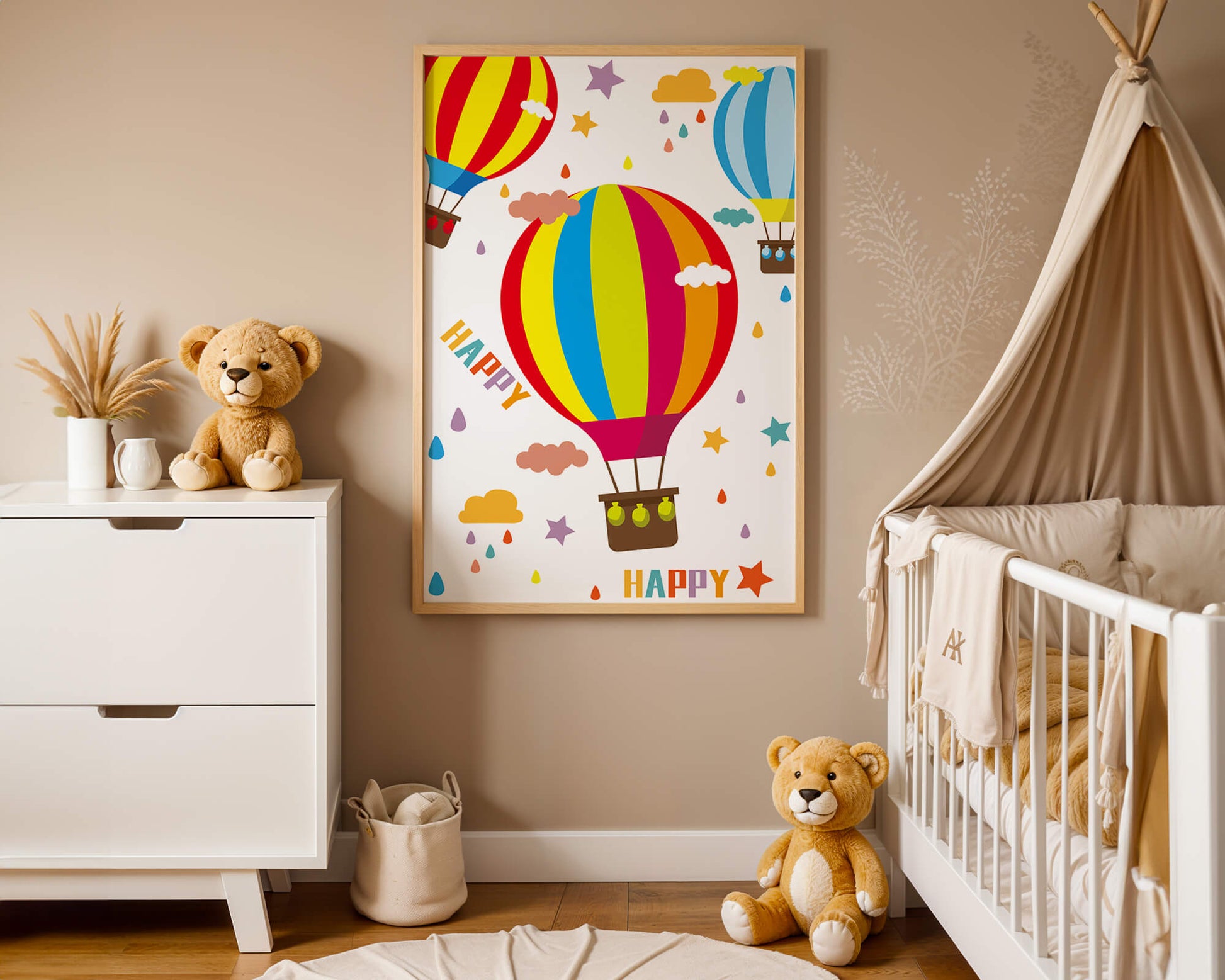 Colorful hot air balloons and happy clouds illustration