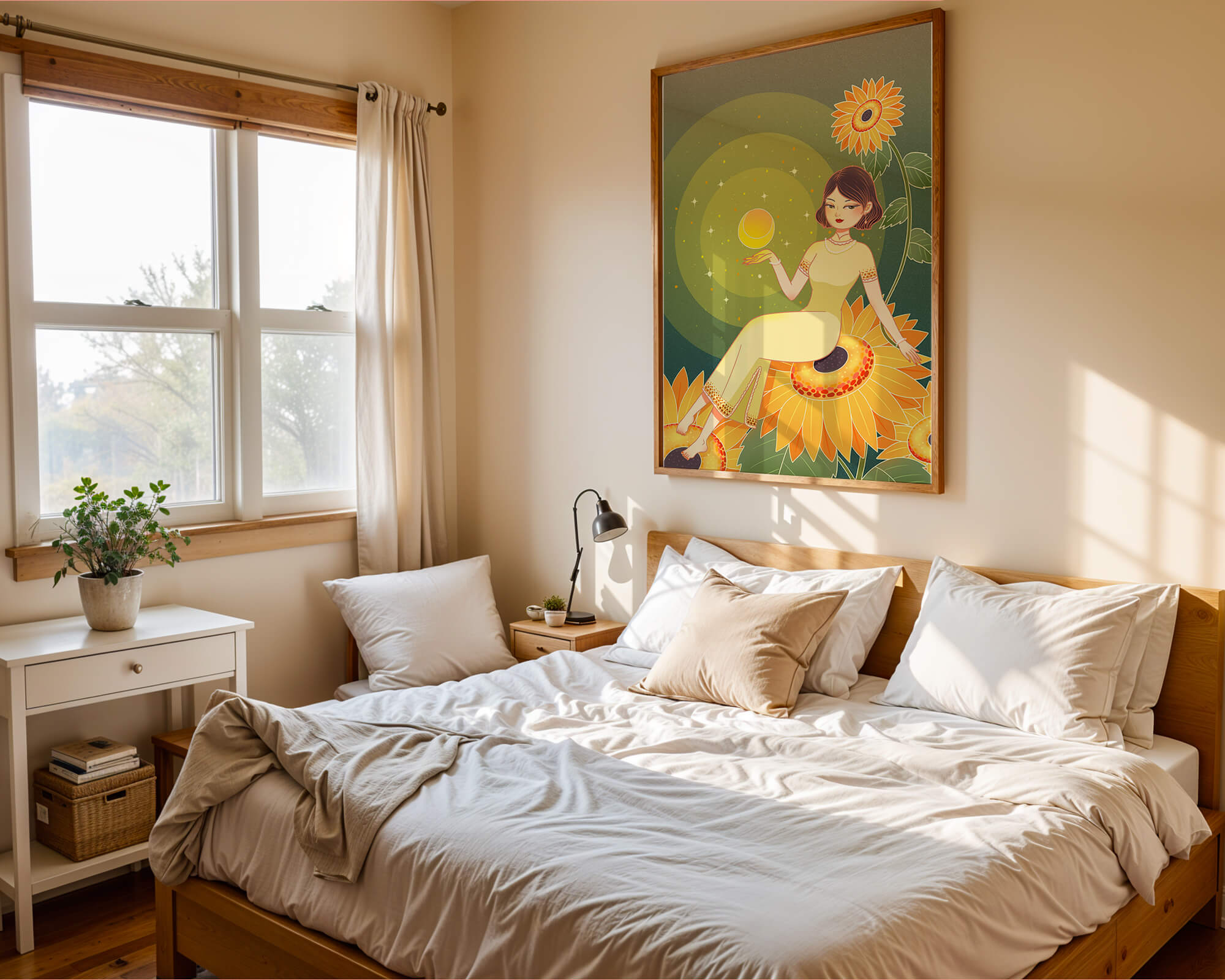 Elegant illustration of a woman on sunflowers with glowing orb