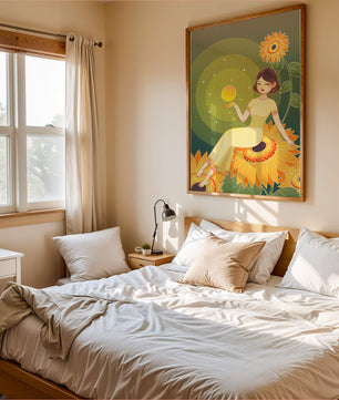 Elegant illustration of a woman on sunflowers with glowing orb