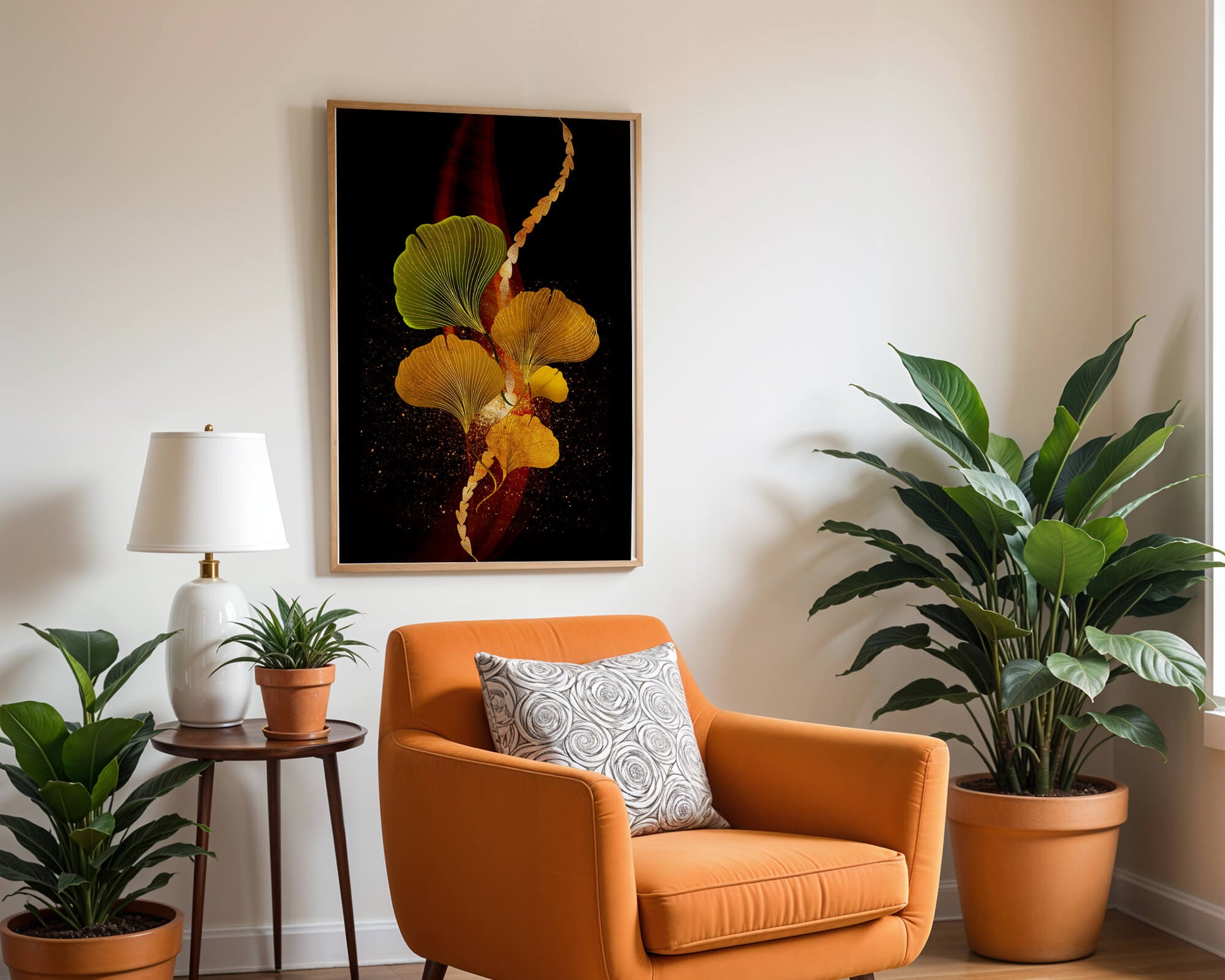 Art abstrait floral avec des feuilles de gingko dorées et un fond sombre