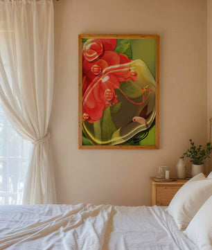 Vibrant floral illustration with hummingbird and lush greenery