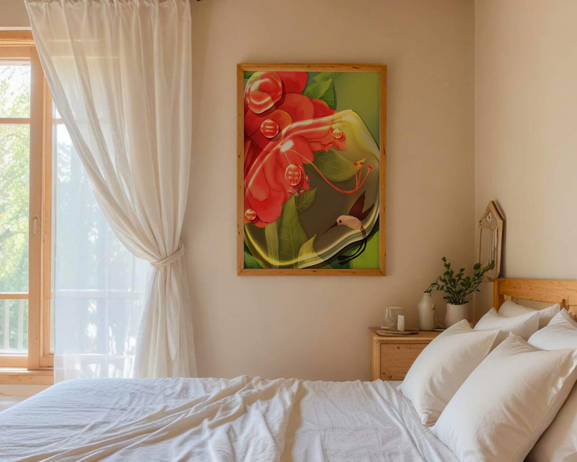 Vibrant floral illustration with hummingbird and lush greenery
