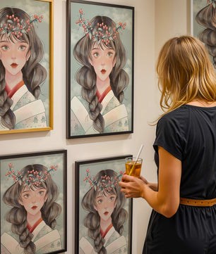 Illustration d'une jeune femme avec une coiffe florale sur fond de ciel nuageux
