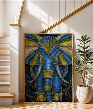 Blue and gold ornate elephant with intricate patterns
