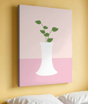 Simple Minimalist Illustration of a White Vase with Green Leaves on a Pink Background - Mi tienda