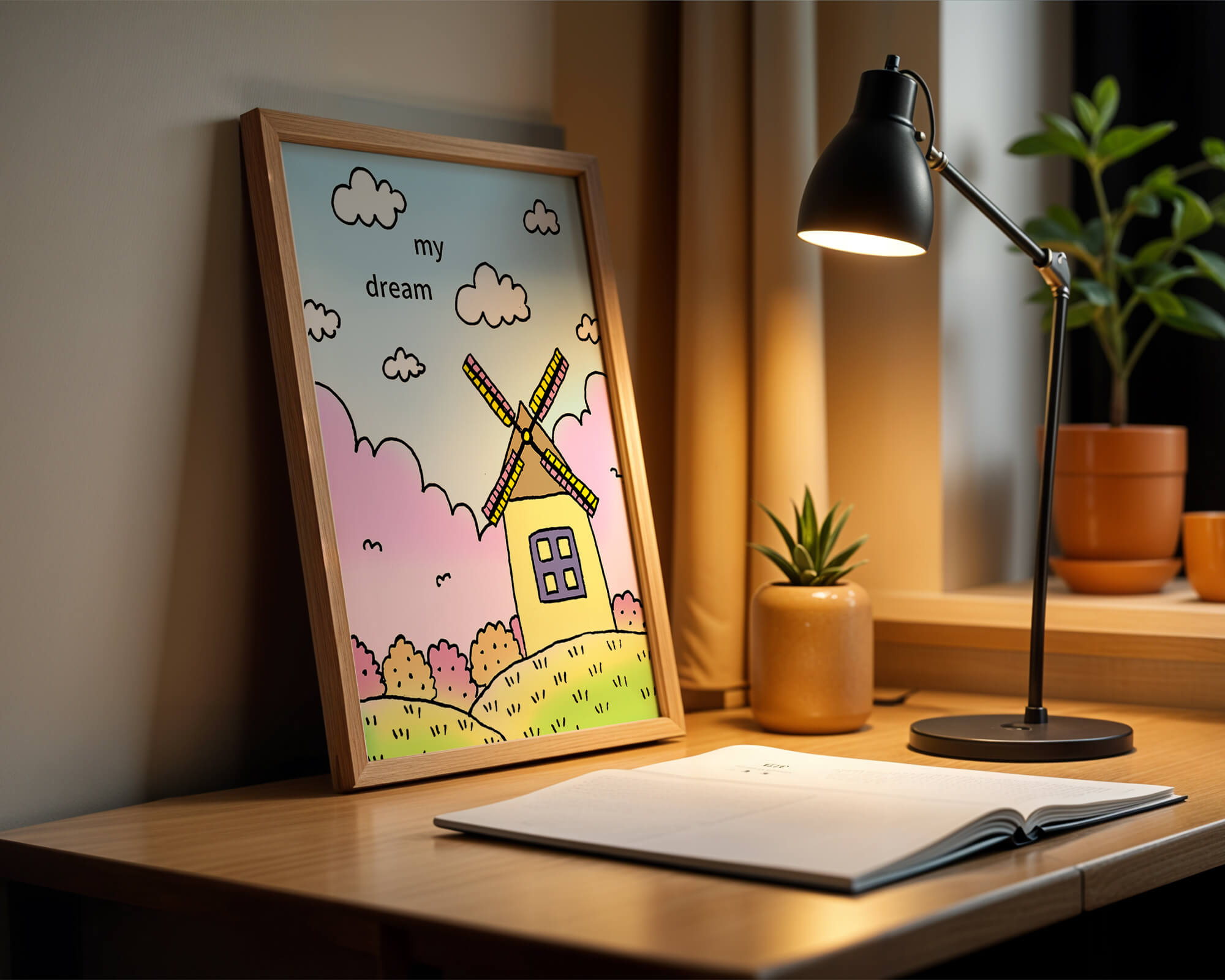 Windmill in a pastel landscape with fluffy clouds and bushes