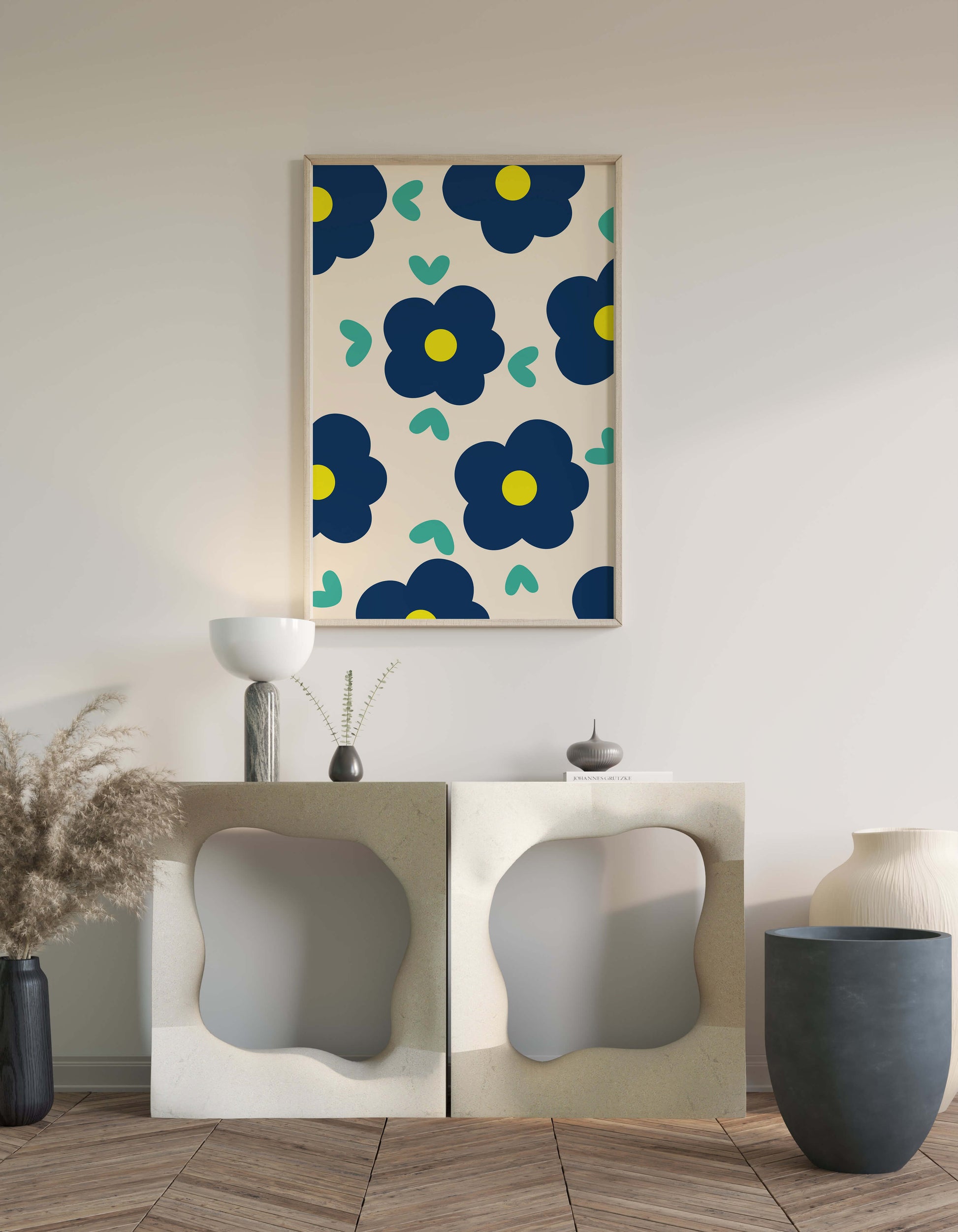Blue floral pattern with yellow centers on cream background