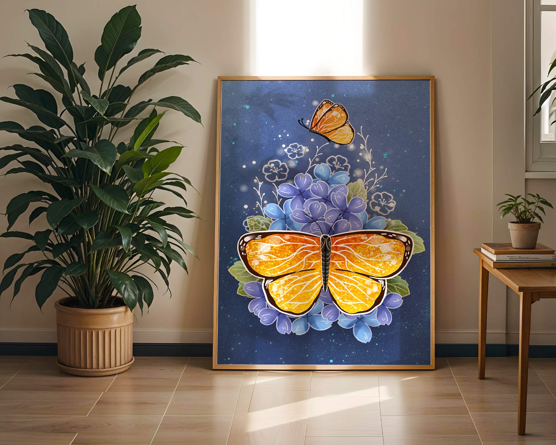 Colorida ilustración de mariposa y flores azules