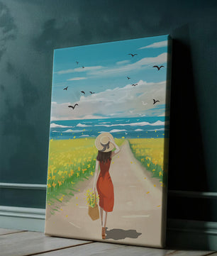 Mujer con vestido rojo caminando por el campo bajo un cielo azul claro