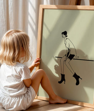 Schicke minimalistische Illustration einer sitzenden Frau in stylischen Stiefeln
