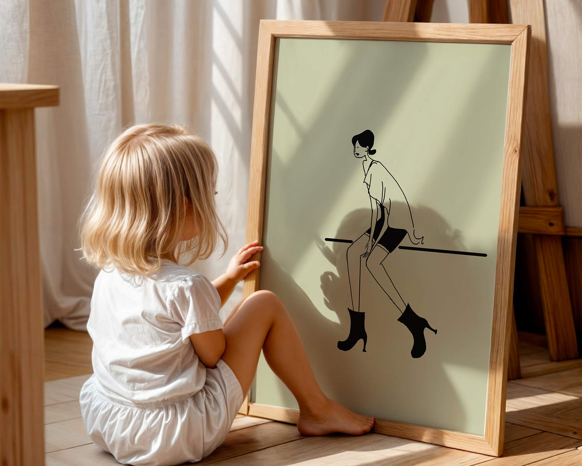 Schicke minimalistische Illustration einer sitzenden Frau in stylischen Stiefeln