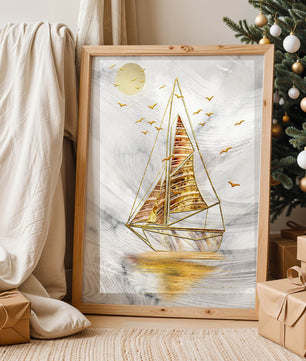 Elegant sailboat with gold elements against a textured sky