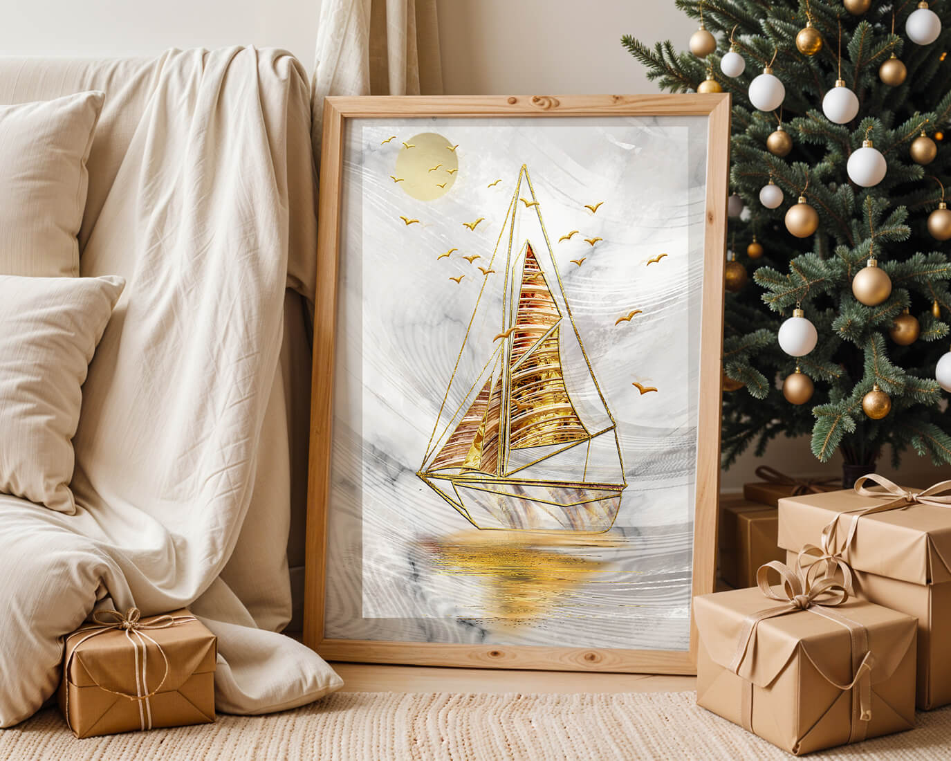 Elegant sailboat with gold elements against a textured sky