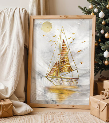 Elegant sailboat with gold elements against a textured sky