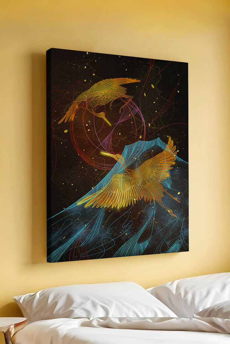 Elegant Cranes in Cosmic Dance with Golden and Blue Accents