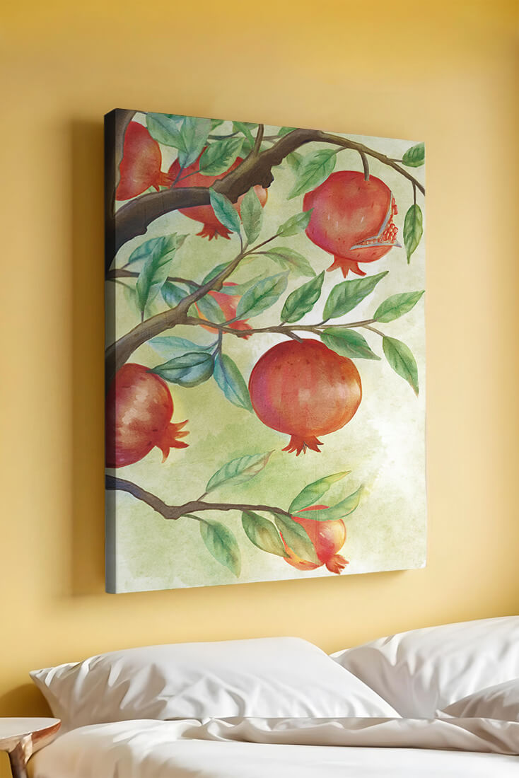 Watercolor Pomegranate Tree Branch with Fruits and Leaves
