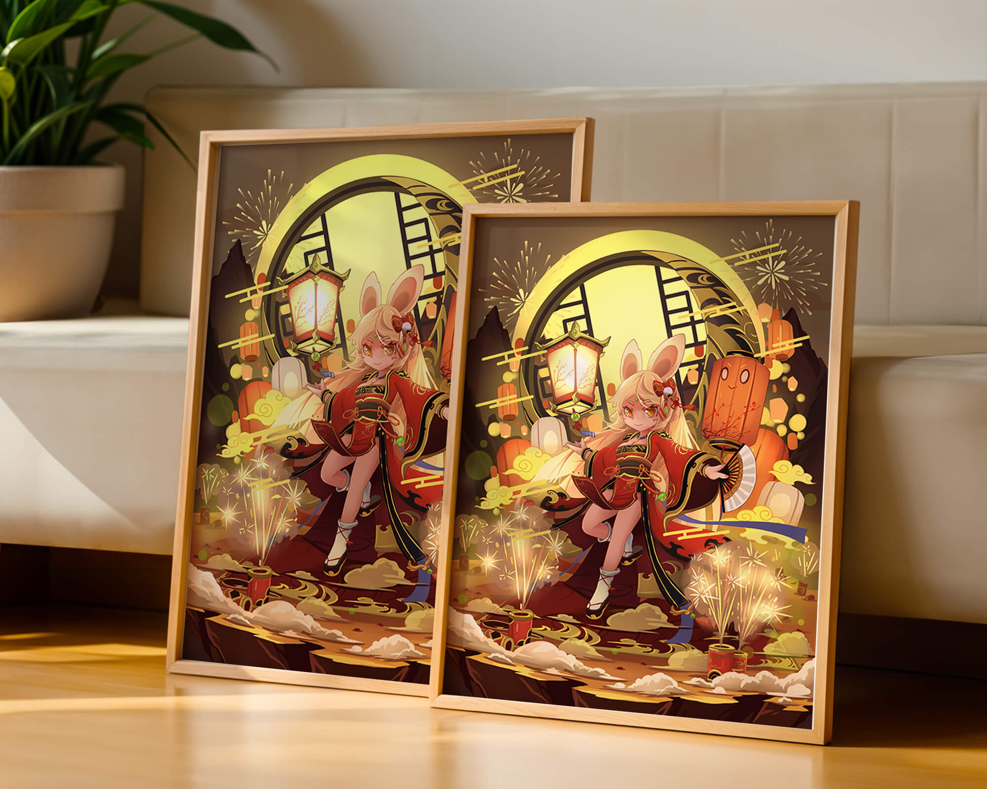 Festive celebration with a lantern-carrying character amidst fireworks and moonlight