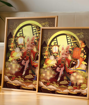 Festive celebration with a lantern-carrying character amidst fireworks and moonlight