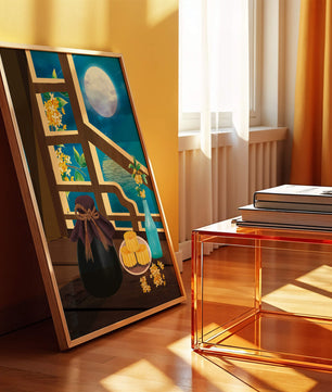 Noche iluminada por la luna con pasteles de luna y decoración floral sobre una mesa de madera