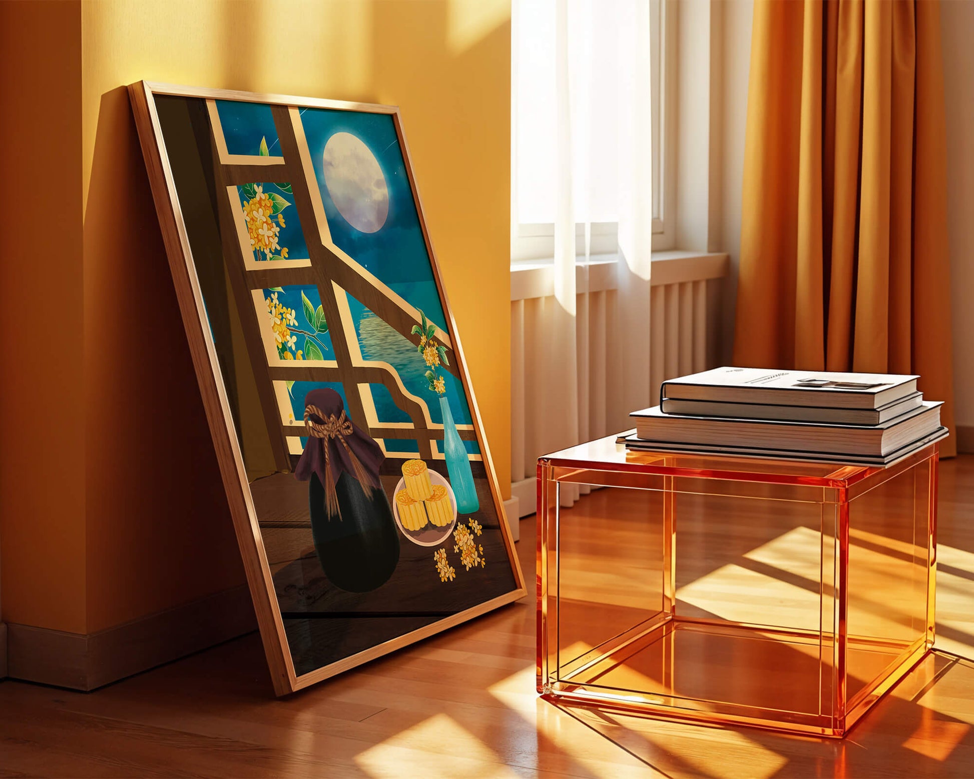 Noche iluminada por la luna con pasteles de luna y decoración floral sobre una mesa de madera
