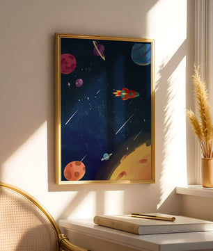Farbenfrohes Weltraumabenteuer mit Planeten und Raketenillustration