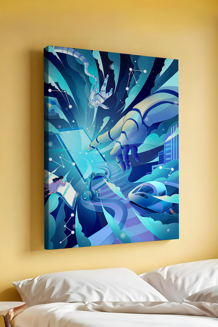 Futuristic digital artwork featuring astronaut and robotic hand in vibrant blue tones