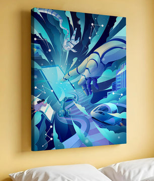 Futuristische digitale Kunst mit Astronaut und Roboterhand in lebhaften Blautönen